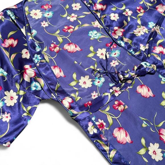 Vintage 80s Vassarette Satin Floral Kimono Robe Belted Lounge Sleepwear - Picture 4 of 8